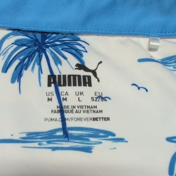 Puma White/Blue Palm Tree Print Polo Shirt Embroidered Founders Club Sleeve Sz M - Picture 5 of 9